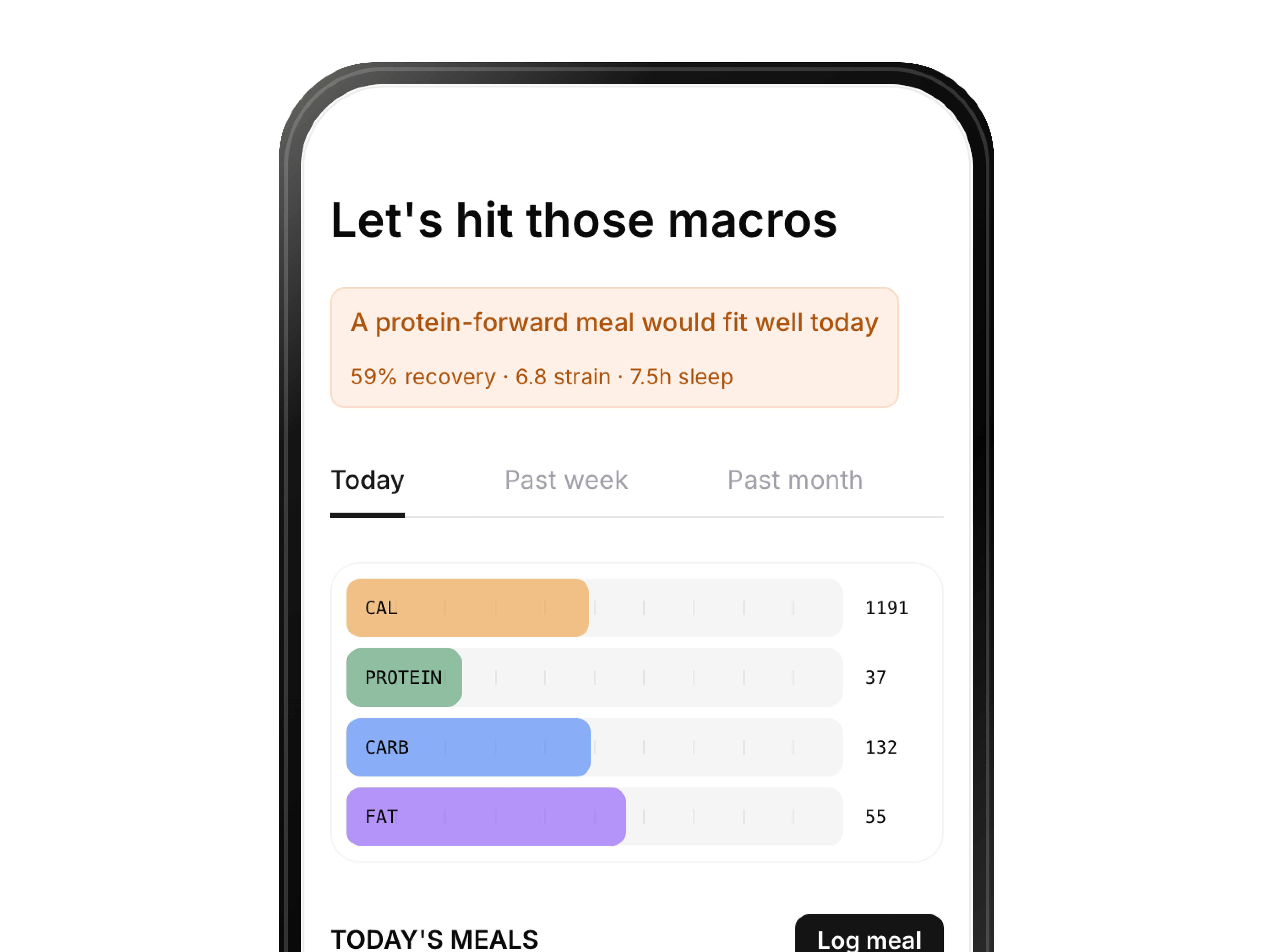 Log screen showing a protein-forward meal suggestion based on 59% recovery, 6.8 strain, and 7.5h sleep from WHOOP.